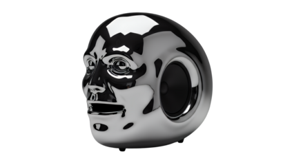 A futuristic metallic human head shaped wireless speaker, contemporary audio device isolated on transparent background