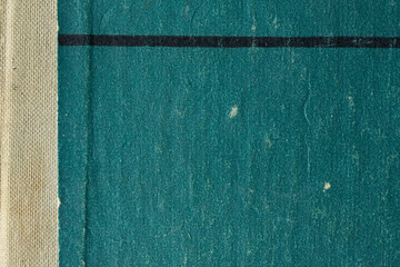 Vintage teal paper texture with fabric spine edge, visible wear, scratches, and minimalist retro background style.