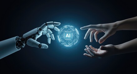 Human and Robot Hands Reach Towards AI Sphere, Futuristic Concept.
