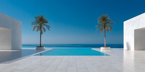 Obraz premium Panoramic view of a minimalist white stone terrace overlooking a calm blue ocean, symmetrical palm trees framing a bright, clear blue horizon.