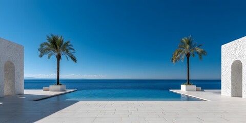 Fototapeta premium Panoramic view of a minimalist white stone terrace overlooking a calm blue ocean, symmetrical palm trees framing a bright, clear blue horizon.