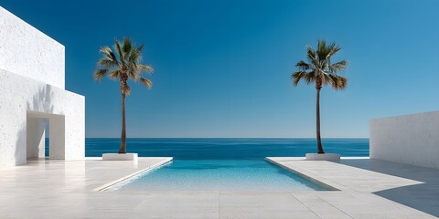 Fototapeta premium Panoramic view of a minimalist white stone terrace overlooking a calm blue ocean, symmetrical palm trees framing a bright, clear blue horizon.