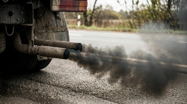 Heavy vehicle exhaust fumes released from tailpipes on a rural road air pollution concerns, smoke, truck.