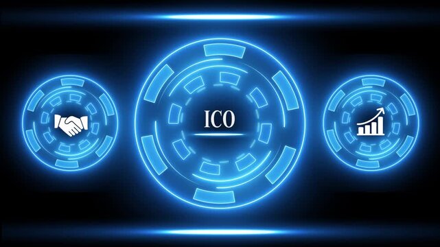 Futuristic Digital I C O Concept with Glowing Blue Circles and Financial Growth Symbols cryptocurrency