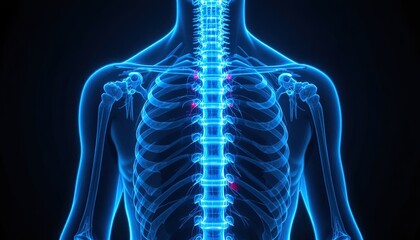 Medical Illustration of Human Torso Skeleton and Spine with Nerve Damage Highlighted in Red