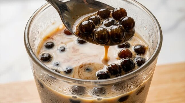 Close-up of spoon lifting tapioca pearls from creamy iced beverage, pearl tea close-up, drink beverage, boba.