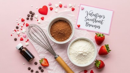 Valentine brownie baking ingredients with flour cocoa powder strawberries whisk and chocolate chips on pink background