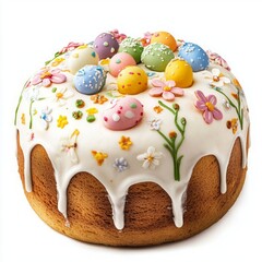 Traditional Easter cake with white icing, decorated with colorful sugar eggs and spring flowers isolated on white background