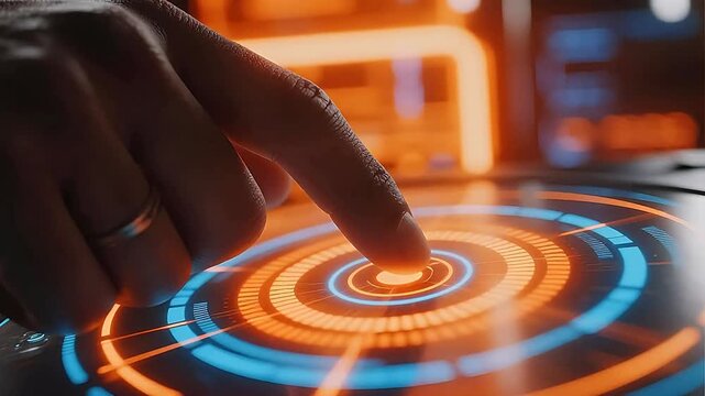 Hand interacting with futuristic touch interface