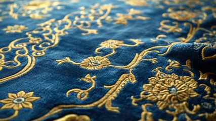 An opulent fabric showcasing intricate gold embroidery on a rich blue background, ideal for luxury wear.