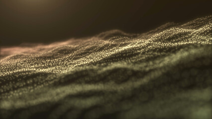 Golden particles form soft flowing waves creating a warm digital landscape with depth and perspective. Smooth continuous motion abstract loop