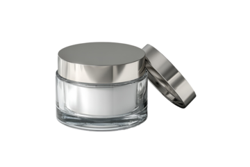 Open cosmetic cream jar with silver lid