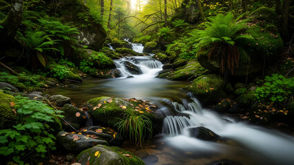 Obraz premium Peaceful forest creek with long exposure water flowing past moss covered stones and ferns