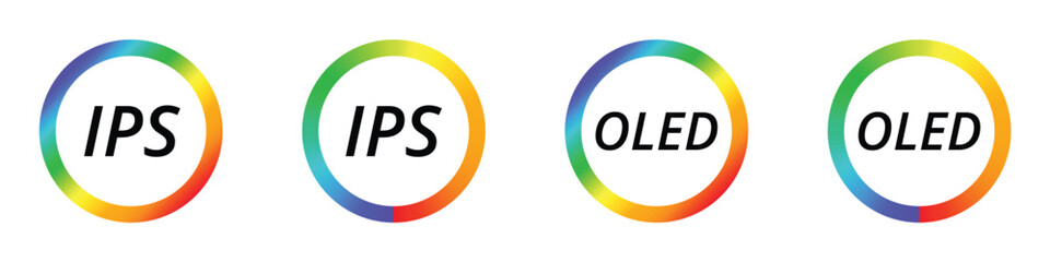 Ips and oled display symbols with colorful circular frames.