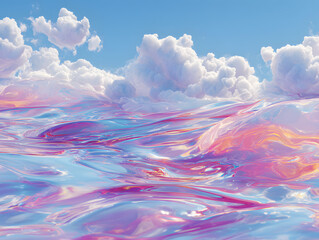 Naklejka premium Vibrant Holographic Waves Crash Against a Serene Sky with Fluffy Clouds