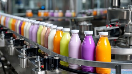 A conveyor belt with many bottles of milk on it