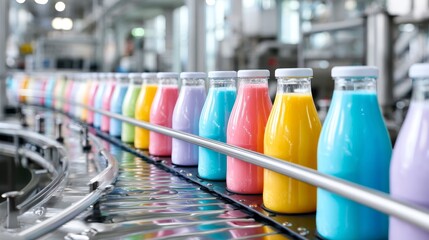 A row of colorful milk bottles on a conveyor belt