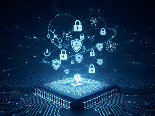 Advanced cybersecurity measures are illustrated on a microchip with various security icons and shields surrounding it in a digital environment.