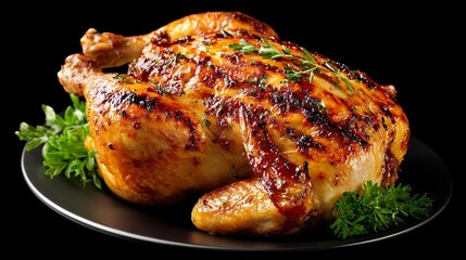Juicy rotisserie chicken on black background.