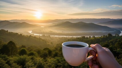 hand holding a white cup of black coffee against a beautiful misty mountain valley at sunrise with a winding river