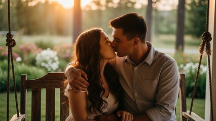 Romantic young couple sitting on a wooden porch swing and sharing a tender kiss at sunset in a scenic forest clearing