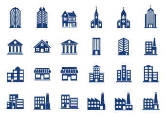 Sixteen deep sapphire blue, minimalist building icons (skyscraper, house, church, factory) in a grid on a transparent background. Clean flat vector art. Concept of urban infrastructure planning