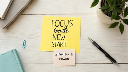 Desk with sticky notes bearing motivational quotes focus and attention