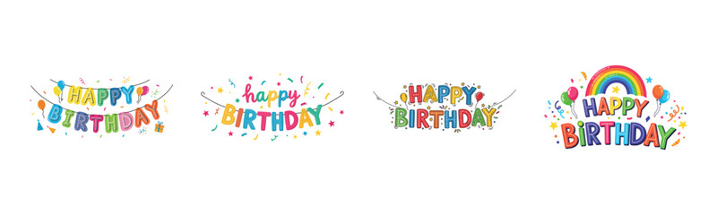 Colorful happy birthday banners with balloons and stars on white background