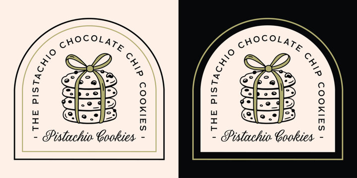 Pistachio chocolate chip cookies stack with ribbon logo badge label tag sticker fancy luxury retro aesthetic. Nut butter cream flavor homemade baked dessert text illustration print packaging design.