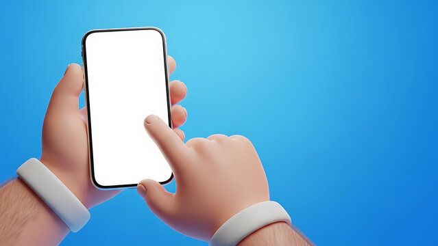 3d hand holding smartphone with blank white screen mockup for mobile application ui design on a vibrant blue background.