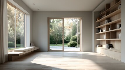 Naklejka premium Spacious empty room with minimalist wooden wall cabinets and shelving, floor-to-ceiling sliding glass doors opening to a terrace, soft light.