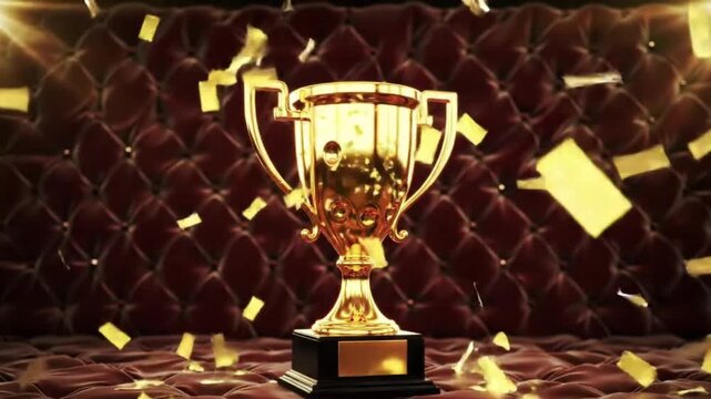 A golden trophy sits on a dark pedestal, bathed in dramatic lighting with confetti falling around it, set against a deep red, tufted velvet background - golden, trophy, sits, dark, pedestal, bathed,