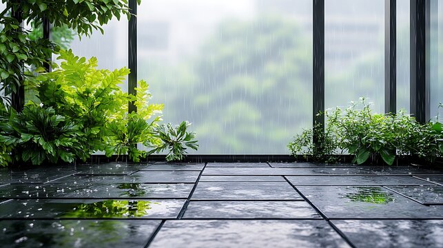Rainy day on a polished black stone balcony with lush green ferns and potted plants reflecting in the wet tiles creating a serene and tranquil atmosphere