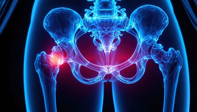 Hip Joint Pain: Anatomical Illustration of Inflammation in the Pelvis and Upper Thigh, Medical Visualization