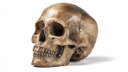 Single human skull isolated on white background, detailed texture, realistic shadows, 169