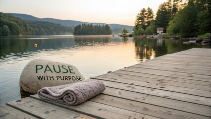 Rolled blanket on wooden dock overlooking a serene lake