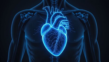 Anatomical Illustration of a Human Heart and Torso in a Neon Blue X-Ray Style