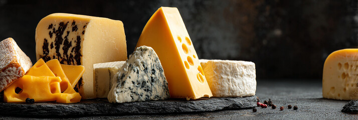A variety of artisanal cheeses arranged on a black slate plate