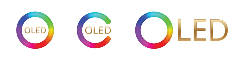 Colorful oled and led logos with vivid gradient circles and modern typography.
