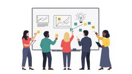 Business team meeting for brainstorming and data analysis. Diverse group collaborating using sticky notes and charts on a large whiteboard.