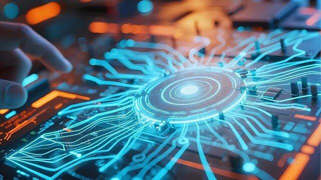 Hand interacting with futuristic circuit board