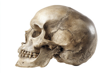 Skull angled side view, high-definition bone textures, isolated on white, 32