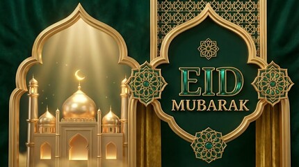 Premium luxury 3D Eid al-Fitr greeting background featuring a grand mosque, glowing golden crescent moon, and floating lanterns in a gold and emerald color palette.