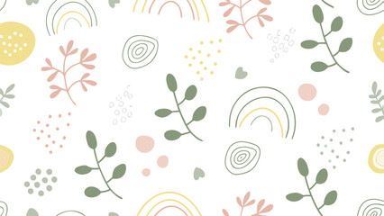 Whimsical botanical pattern with pastel rainbows and leaves on white