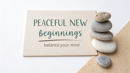 Peaceful new beginnings quote with stacked stones