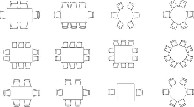A collection of various table designs, showcasing an array of shapes and seating arrangements, with a focus on simplicity and functionality.