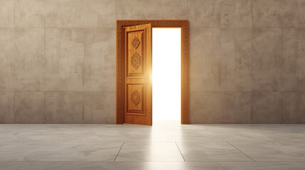 Open wooden door to light with large copy space for Ramadan guidance concept