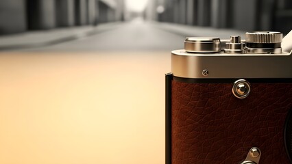 Minimalist image for advertising materials featuring a close-up of a vintage camera's textured brown leather and brass controls, set against a blurred monochrome city street. Ample copy space provide