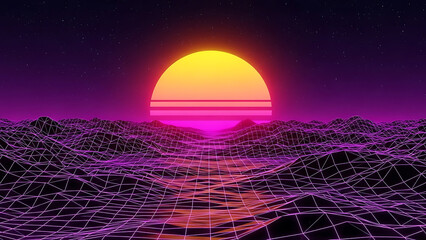 retrowave background shows a glowing sun above a neon wireframe landscape and starry night sky ideal for synthwave music and virtual reality