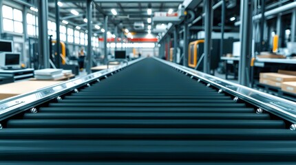 Industrial conveyor belt mockup with copy space in modern production facility